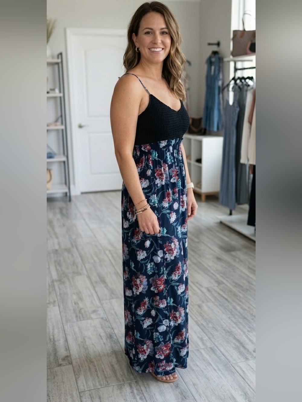 Navy Floral Maxi Dress with Black Smocked Bodice